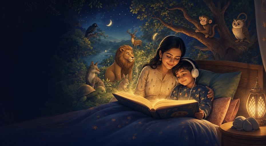 A parent and child listening to Panchatantra bedtime stories in a warm storybook scene