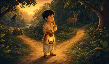Child thinking before choosing a forest path thumbnail